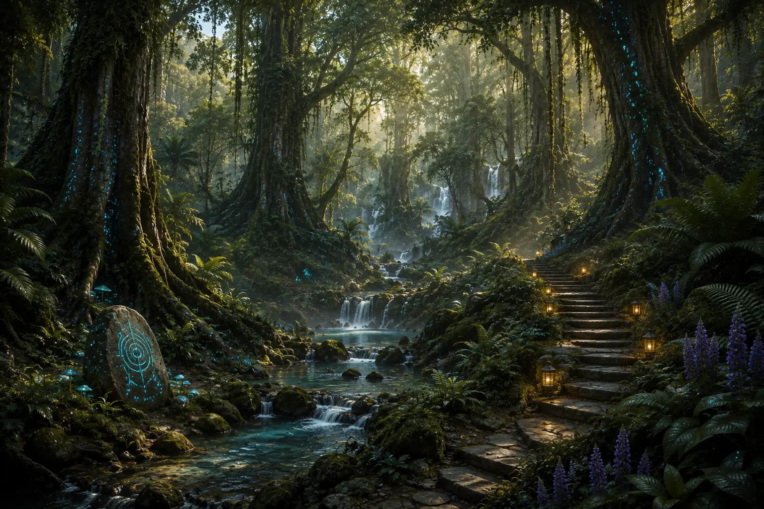 Forest of Echoes — a living sanctuary of moss-covered trees, hidden streams, waterfalls, glowing blue rune stones, and stone stairways bathed in golden light