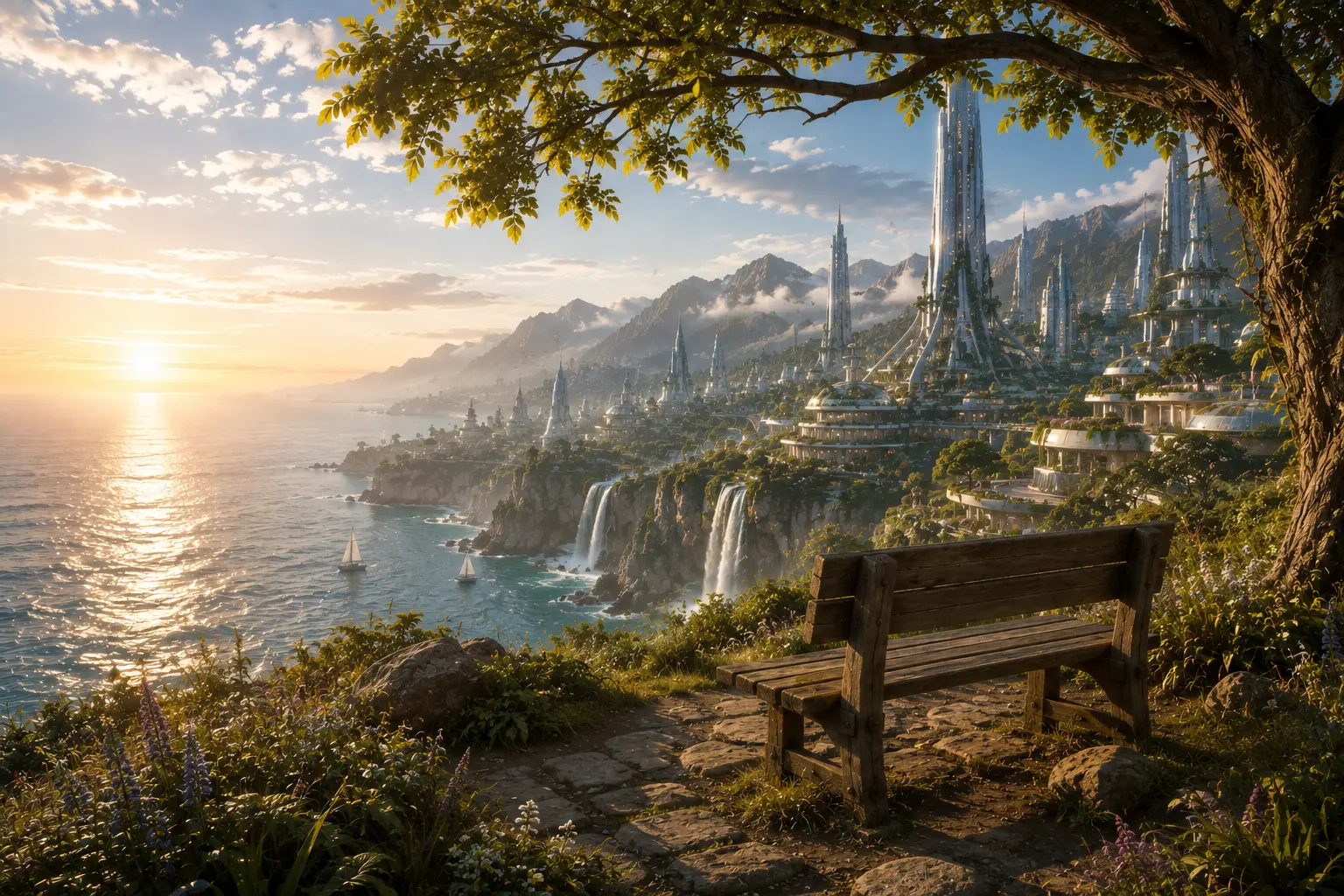 Cliffside Overlook — a wooden bench overlooking the restored coastline of Solara with cascading waterfalls and a futuristic cliffside city at sunset
