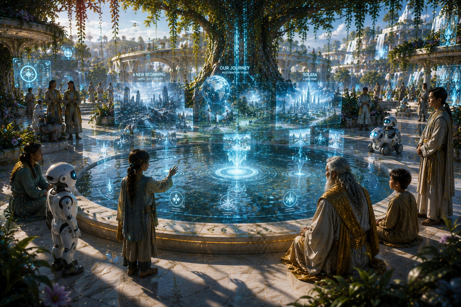 A serene Memory Pool courtyard where visitors gather around reflective water to experience immersive holographic projections of preserved memories and stories