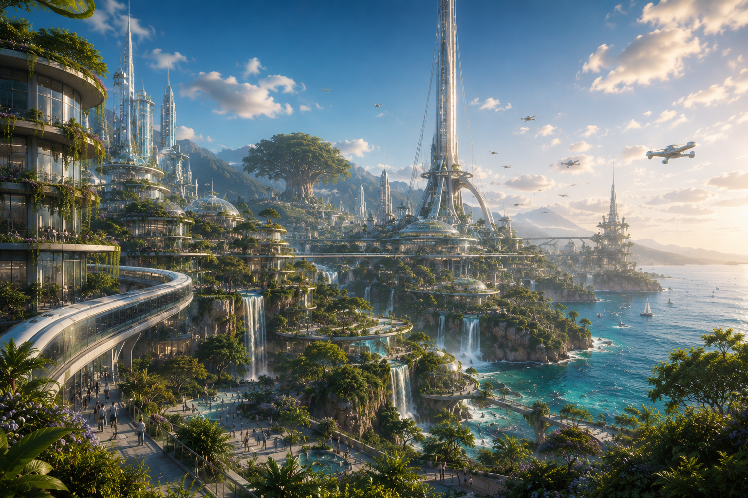 Solara Skyline — towering living architecture rising beside cascading waterfalls, crystal-clear oceans, and flourishing forests