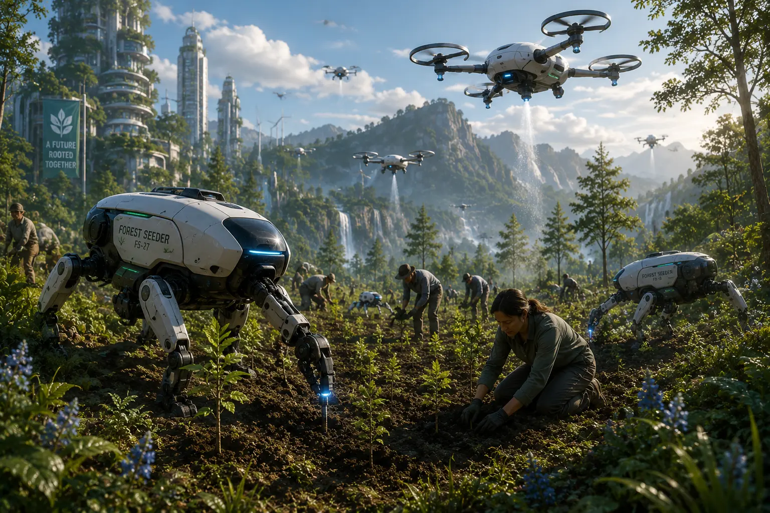 Forest Seeder restoration drones and flying seeders working alongside conservation teams in a lush Solara valley, with futuristic towers and waterfalls in the distance