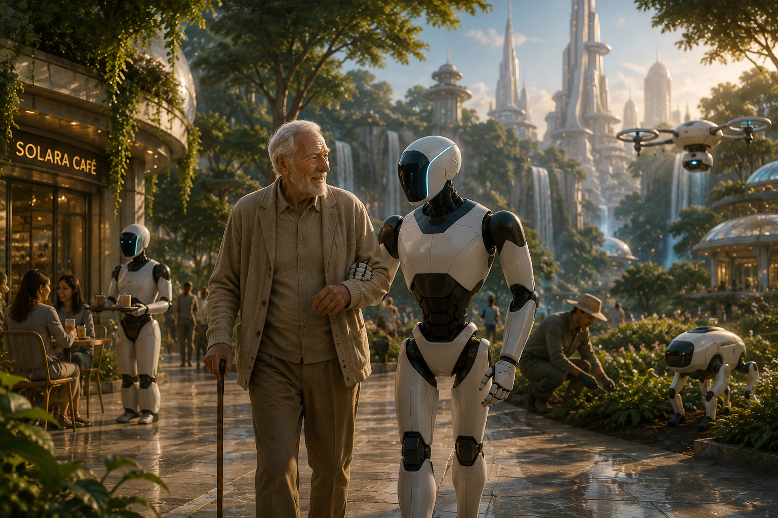 A Companion Robot walking arm-in-arm with an elderly man through a sunlit Solara plaza, with the Solara Café and futuristic towers visible in the background