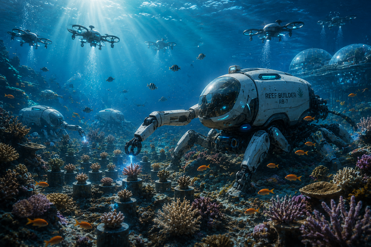 Reef Builder marine restoration robots cultivating coral beneath the surface of a sunlit Solara ocean, surrounded by tropical fish and underwater habitats