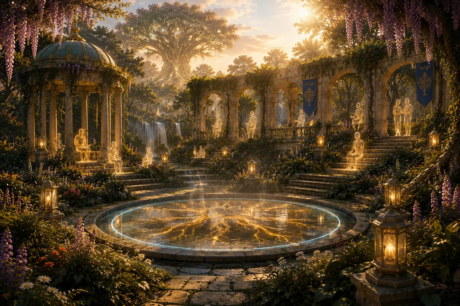 The Garden of Elders — a sacred sanctuary where glowing elder spirits gather beneath blooming trees and cascading waterfalls