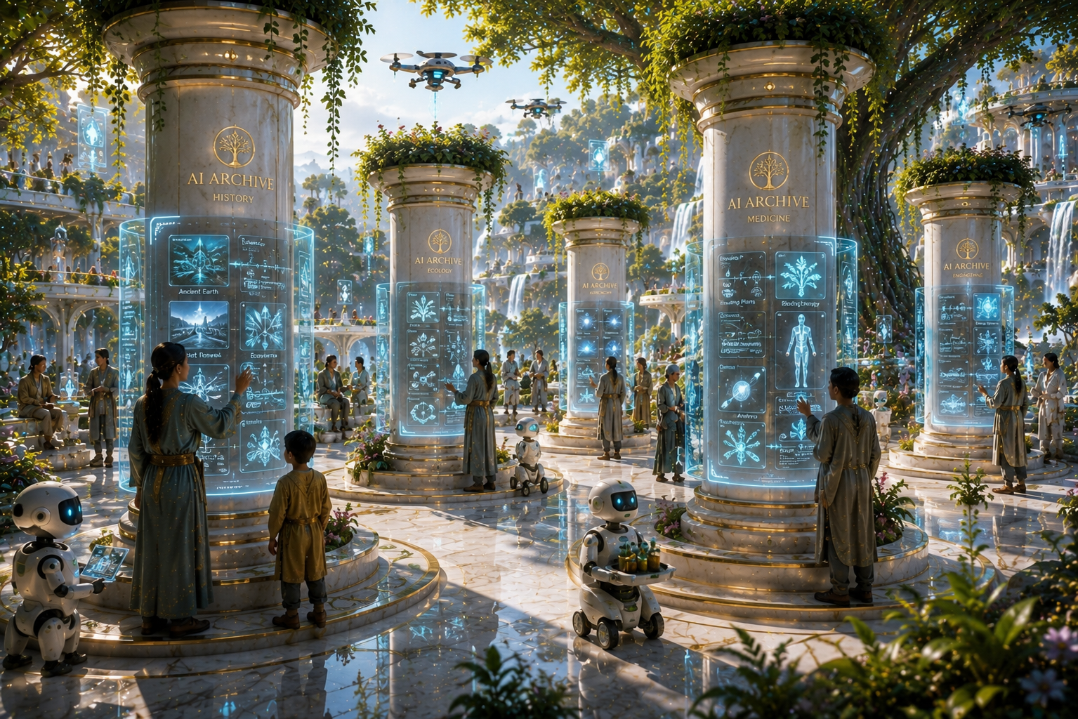 Towering Archive Columns rising within a luminous Solara garden, their surfaces displaying living holographic records of history, science, and culture