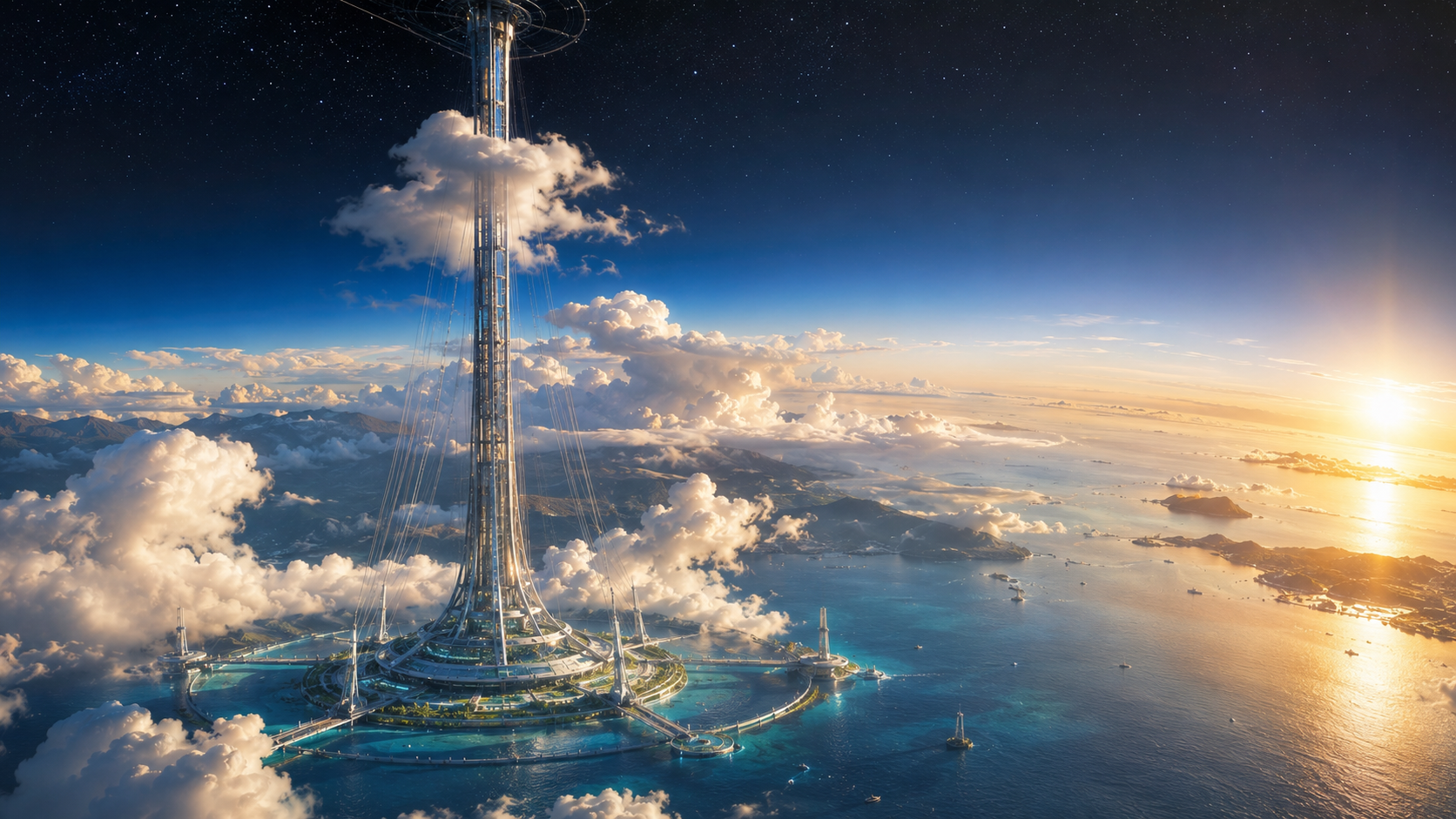 The Orbital Elevator rising from a Solara coastline above the clouds, with the sun setting over the ocean and stars visible in the upper sky